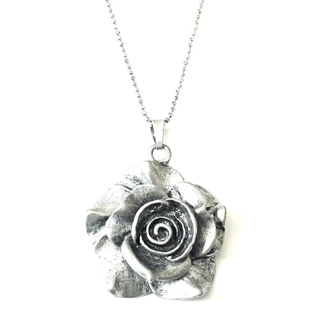 Silver Tone Rose Pendant With Sterling Silver Chain